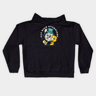 Get rich overnight, poker chip coin mascot character with a hat carrying a bag of money Kids Hoodie